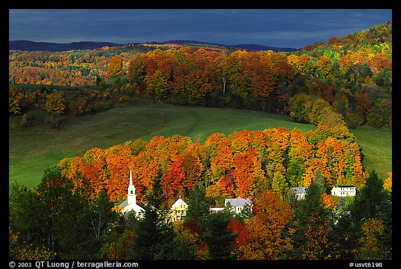 Church and houses in fall, East Corinth. Vermont, New England, USA (color)