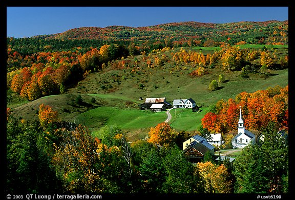 Church and farm in fall, East Corinth. Vermont, New England, USA