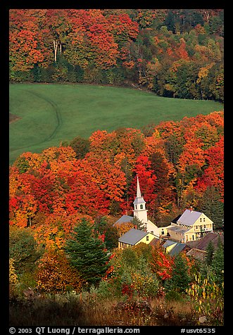 Church of East Corinth among trees in fall color. Vermont, New England, USA