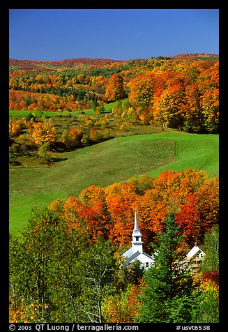 Church of East Corinth among trees in autumn color. Vermont, New England, USA