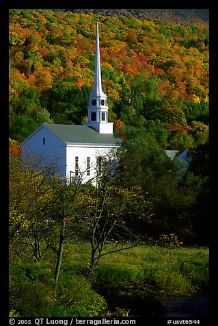 White steepled church in Stowe. Vermont, New England, USA