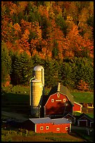 Farm and silos surrounded by hills in autumn  foliage. Vermont, New England, USA (color)