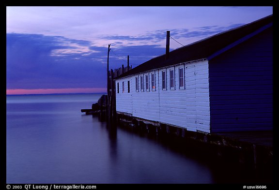 Wharf building in Lake Superior at dusk, Apostle Islands National Lakeshore. Wisconsin, USA (color)