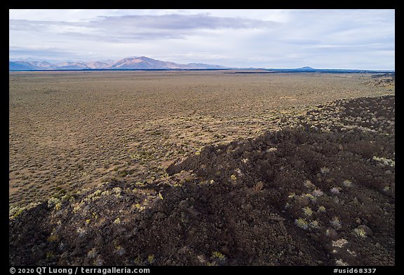 Aerial view of Little Park higher land surrouned by lava. Craters of the Moon National Monument and Preserve, Idaho, USA (color)