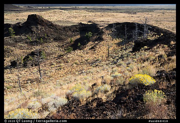 Collapsed crater side with sagebrush in bloom. Craters of the Moon National Monument and Preserve, Idaho, USA (color)