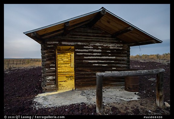 Trapper cabin at night, South Park Well. Craters of the Moon National Monument and Preserve, Idaho, USA (color)