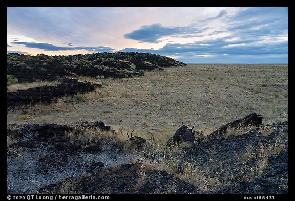 Laidlaw Kipuka from Lava Point at sunrise. Craters of the Moon National Monument and Preserve, Idaho, USA (color)