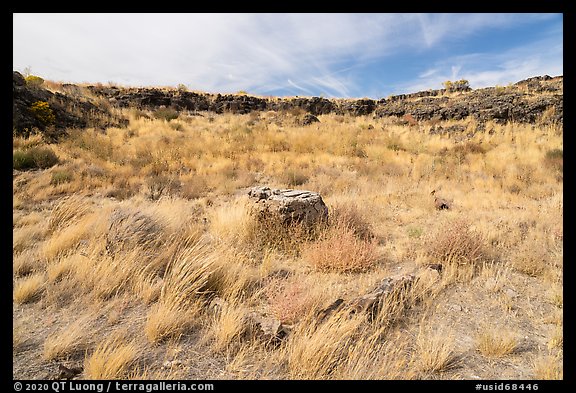 Stone from former cabin in depression surrounded by lava walls. Craters of the Moon National Monument and Preserve, Idaho, USA (color)