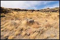 Stone from former cabin in depression surrounded by lava walls. Craters of the Moon National Monument and Preserve, Idaho, USA ( color)