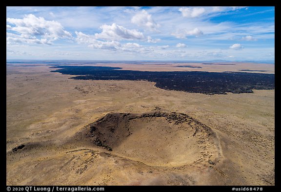 Aerial view of Bear Den Butte and Grassy Lava Flow. Craters of the Moon National Monument and Preserve, Idaho, USA (color)