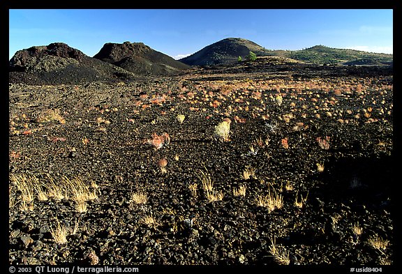 Scoria field with grasses and cinder cones. Craters of the Moon National Monument and Preserve, Idaho, USA