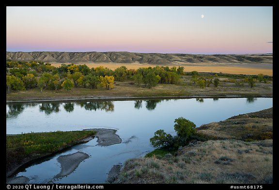Moon rising above Missouri River, Decision Point. Upper Missouri River Breaks National Monument, Montana, USA (color)
