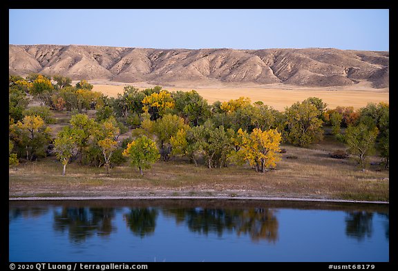 Missouri River, cottonwoods and badlands. Upper Missouri River Breaks National Monument, Montana, USA (color)