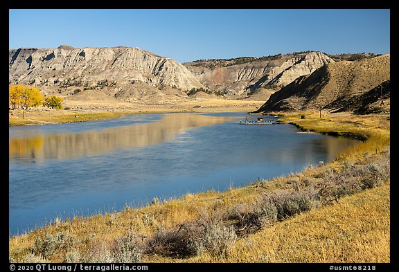 Missouri River with McClelland Stafford Ferry. Upper Missouri River Breaks National Monument, Montana, USA (color)