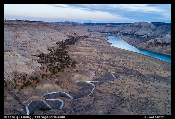Aerial view of creek meanders and Missouri River valley. Upper Missouri River Breaks National Monument, Montana, USA (color)