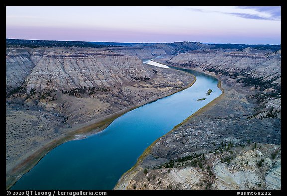 Aerial view of Missouri River surrounded by rugged badlands. Upper Missouri River Breaks National Monument, Montana, USA (color)
