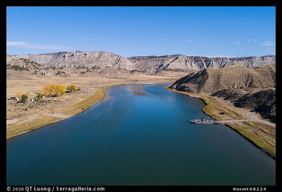 Aerial view of Stafford McClelland Ferry. Upper Missouri River Breaks National Monument, Montana, USA