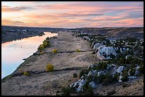 Sandstone cliffs and river from above at sunset. Upper Missouri River Breaks National Monument, Montana, USA ( color)