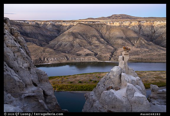 Sandstone spires and Missouri River. Upper Missouri River Breaks National Monument, Montana, USA (color)