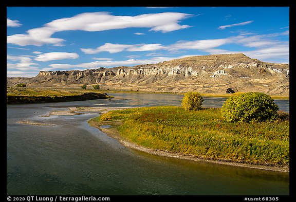 River island and sandstone spires. Upper Missouri River Breaks National Monument, Montana, USA (color)