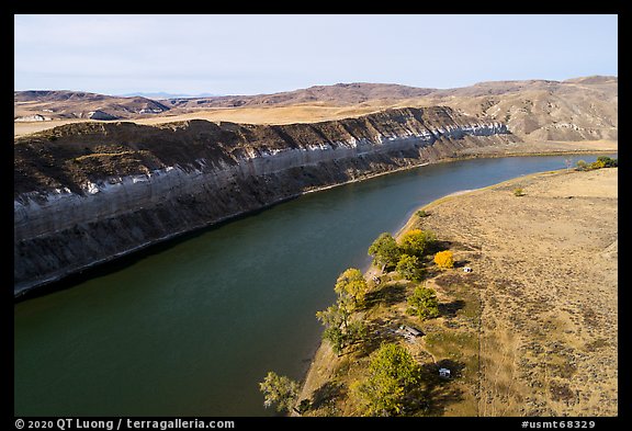 Aerial view of Slaughter River Camp and  cliffs. Upper Missouri River Breaks National Monument, Montana, USA (color)