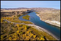 Aerial view of Cottonwoods and cliff near Slaughter River Camp. Upper Missouri River Breaks National Monument, Montana, USA ( color)
