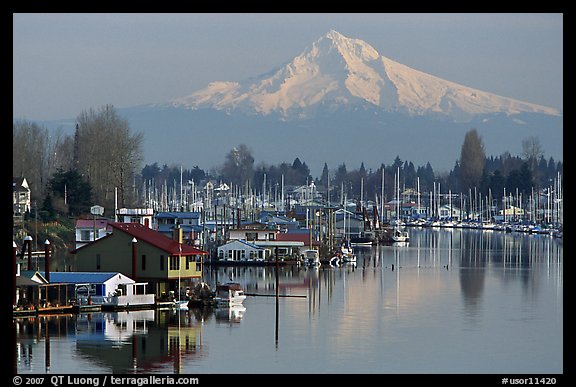 Houseboats on North Portland Harbor and snow-covered Mt Hood. Portland, Oregon, USA (color)