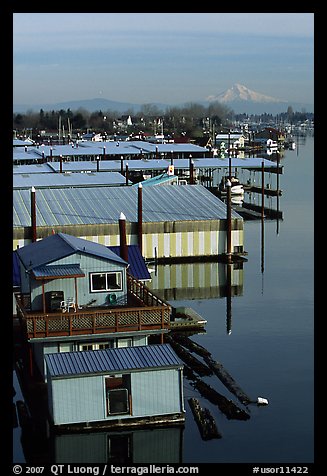 Houseboats and Mt Hood. Portland, Oregon, USA