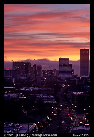 Skyline and bright sky at sunrise. Portland, Oregon, USA (color)