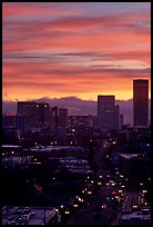 Skyline and bright sky at sunrise. Portland, Oregon, USA