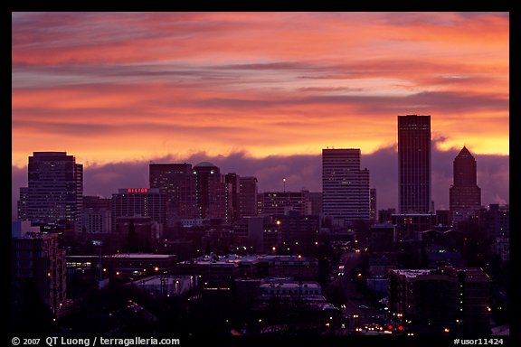 Downtown skyline with colorful sky at sunrise. Portland, Oregon, USA