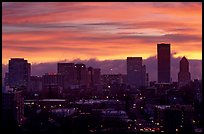 Downtown skyline with colorful sky at sunrise. Portland, Oregon, USA