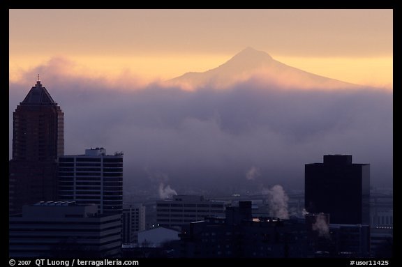High rise buildings and Mt Hood at sunrise. Portland, Oregon, USA (color)