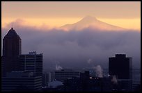 High rise buildings and Mt Hood at sunrise. Portland, Oregon, USA (color)