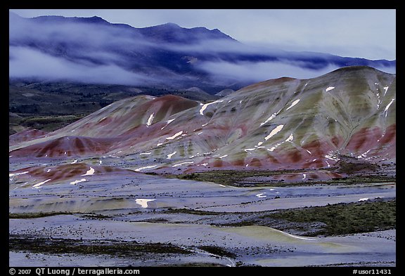 Painted hills at dusk in winter. John Day Fossils Bed National Monument, Oregon, USA