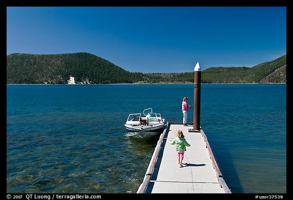 Deck with boat, East Lake. Newberry Volcanic National Monument, Oregon, USA