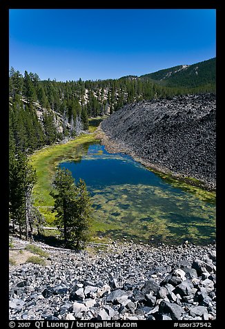 Pond at the edge of big obsidian flow. Newberry Volcanic National Monument, Oregon, USA