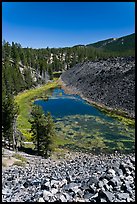 Pond at the edge of big obsidian flow. Newberry Volcanic National Monument, Oregon, USA (color)