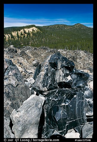 Obsidian and hills. Newberry Volcanic National Monument, Oregon, USA