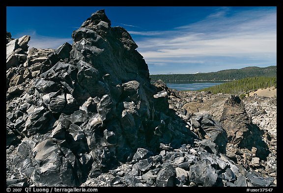 Obsidian glass and Paulina Lake. Newberry Volcanic National Monument, Oregon, USA (color)