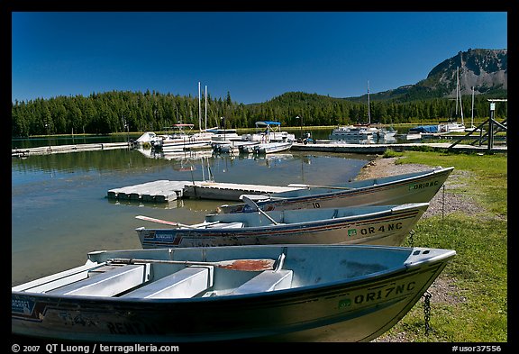 Boats and marina, Paulina Lake. Newberry Volcanic National Monument, Oregon, USA (color)