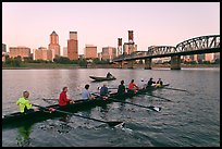 Eight-oar shell and city skyline at sunrise. Portland, Oregon, USA (color)