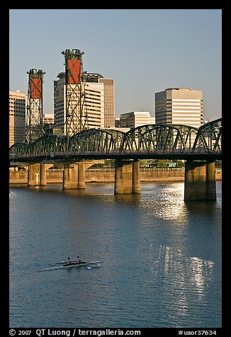 Double-oar rowboat and  Hawthorne Bridge. Portland, Oregon, USA (color)