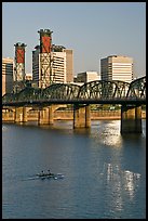 Double-oar rowboat and  Hawthorne Bridge. Portland, Oregon, USA