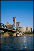 Williamette River at Hawthorne Bridge and high-rise buildings. Portland, Oregon, USA (color)