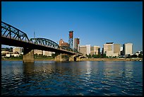 Williamette River, Hawthorne Bridge and city Skyline, early morning. Portland, Oregon, USA (color)