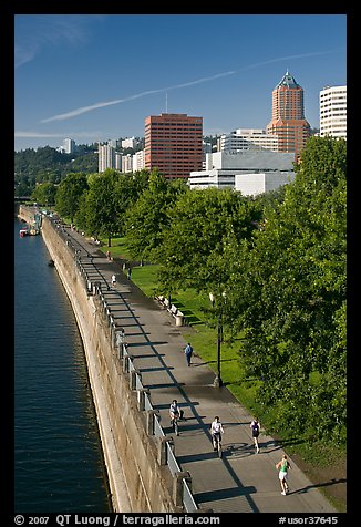 People exercising at park on Williamette River waterfront, skyline. Portland, Oregon, USA (color)
