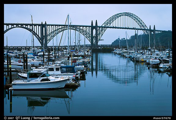 Harbor and Yaquina Bay Bridge, dawn. Newport, Oregon, USA (color)