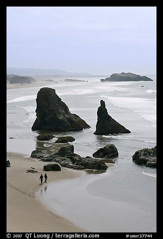 Beach with couple walking amongst sea stacks. Bandon, Oregon, USA (color)