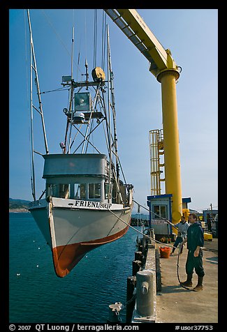 Fishing boat hoisted from water, Port Orford. Oregon, USA